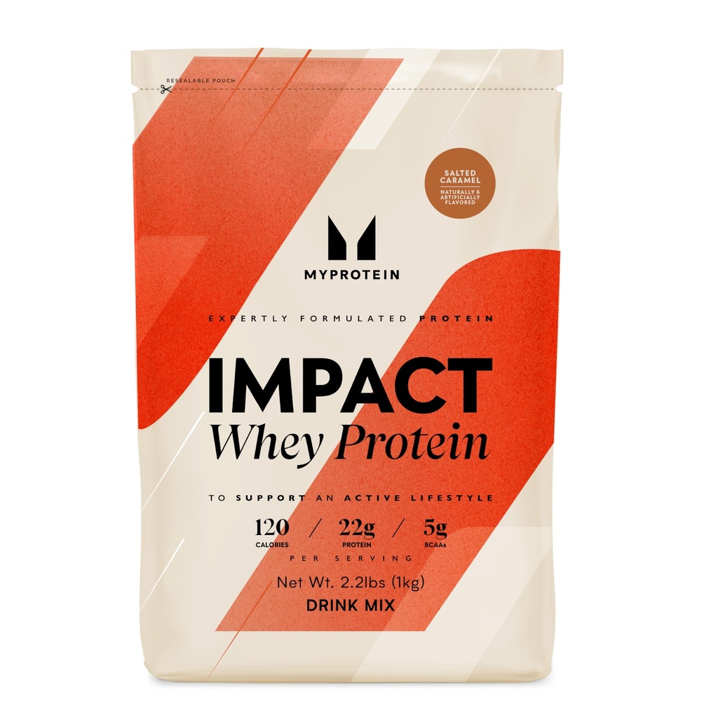Poudre de protéines Myprotéine Impact Whey, 2,2 Lbs (31 portions) Caramel salé, 22g Protéines et 5g BCAA Par portion, Secoue de protéines pour une performance supérieure, Force musculaire et récupération, Sans gluten
