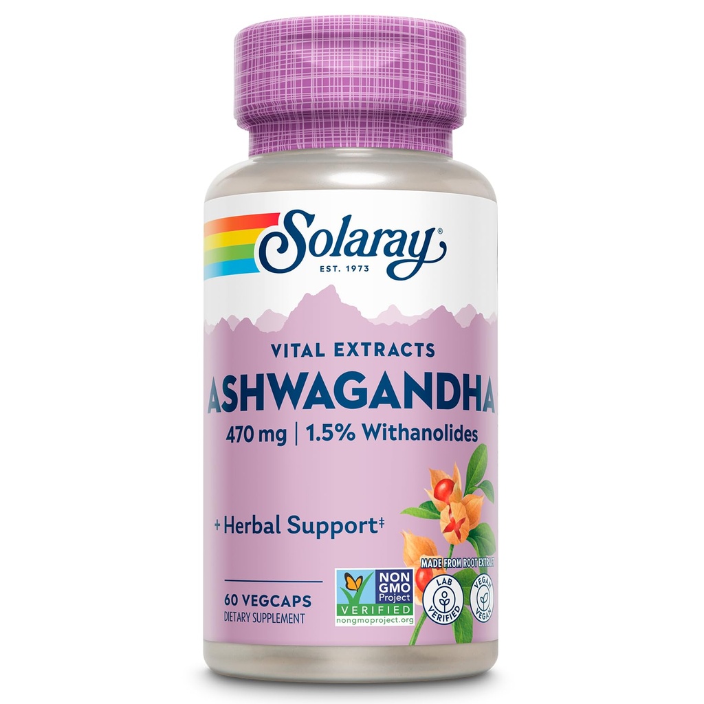 SOLARAY Extraits vitaux Ashwagandha 470mg - Adaptogène puissant - Suppléments Ashwagandha w/ 7mg Withanolides, Wellness Support, Vegan, Non-OGM, Lab Vérifié, Garantie de 60 jours, 60 portions, 60 VegCaps