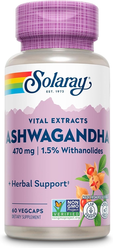 SOLARAY Vital Extracts Ashwagandha 470mg - Powerful Adaptogen - Ashwagandha Supplements w/ 7mg Withanolides, Wellness Support, Vegan, Non-GMO, Lab Verified, 60-Day Guarantee, 60 Servings, 60 VegCaps