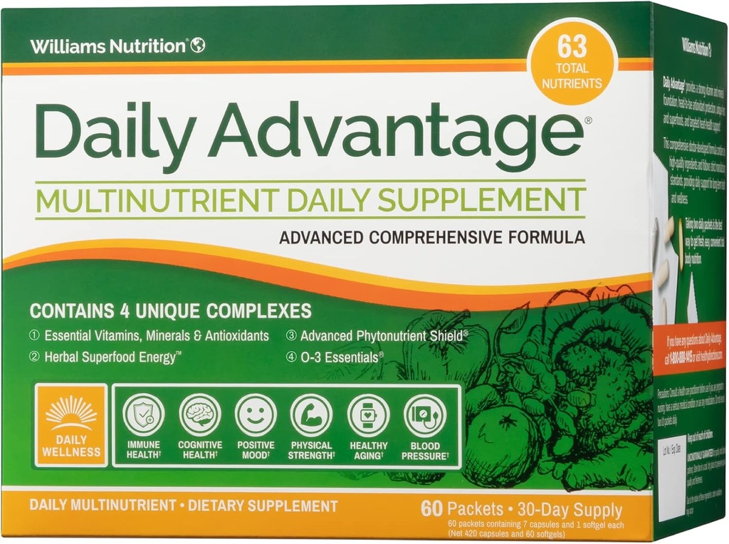 Dr. David Williams' Daily Advantage Multi-Nutrient Vitamin Supplement for Immune, Cardio and Cognitive Health, and Total Body Wellness, 60 Packets