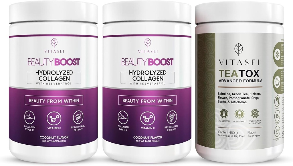 VITASEI poudre de peptides de collagène hydrolysée avec vitamine C et resvératrol et teatox support de nettoyage poudre, booster de digestion W/thé vert, Spiruline, Artichaut