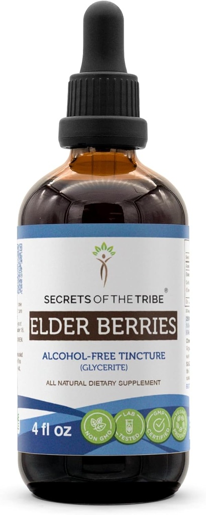 Secrets des baies âgées de Tribe Teinture sans alcool (Glycérite) 678 mg Berries âgées (Sambucus Nigra) Berry séché (4 Fl Oz) Supplément de soutien immunitaire