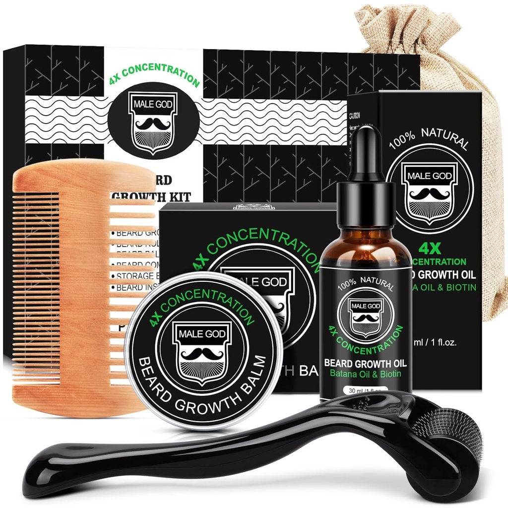 MALE DIEU Kit de croissance de la barbe, kit de croissance de la barbe W/huile de croissance de la barbe, baume de la barbe, peigne de la barbe, masseur pour la barbe tache/patate, cadeaux de Noël pour les hommes lui garçon ami mari