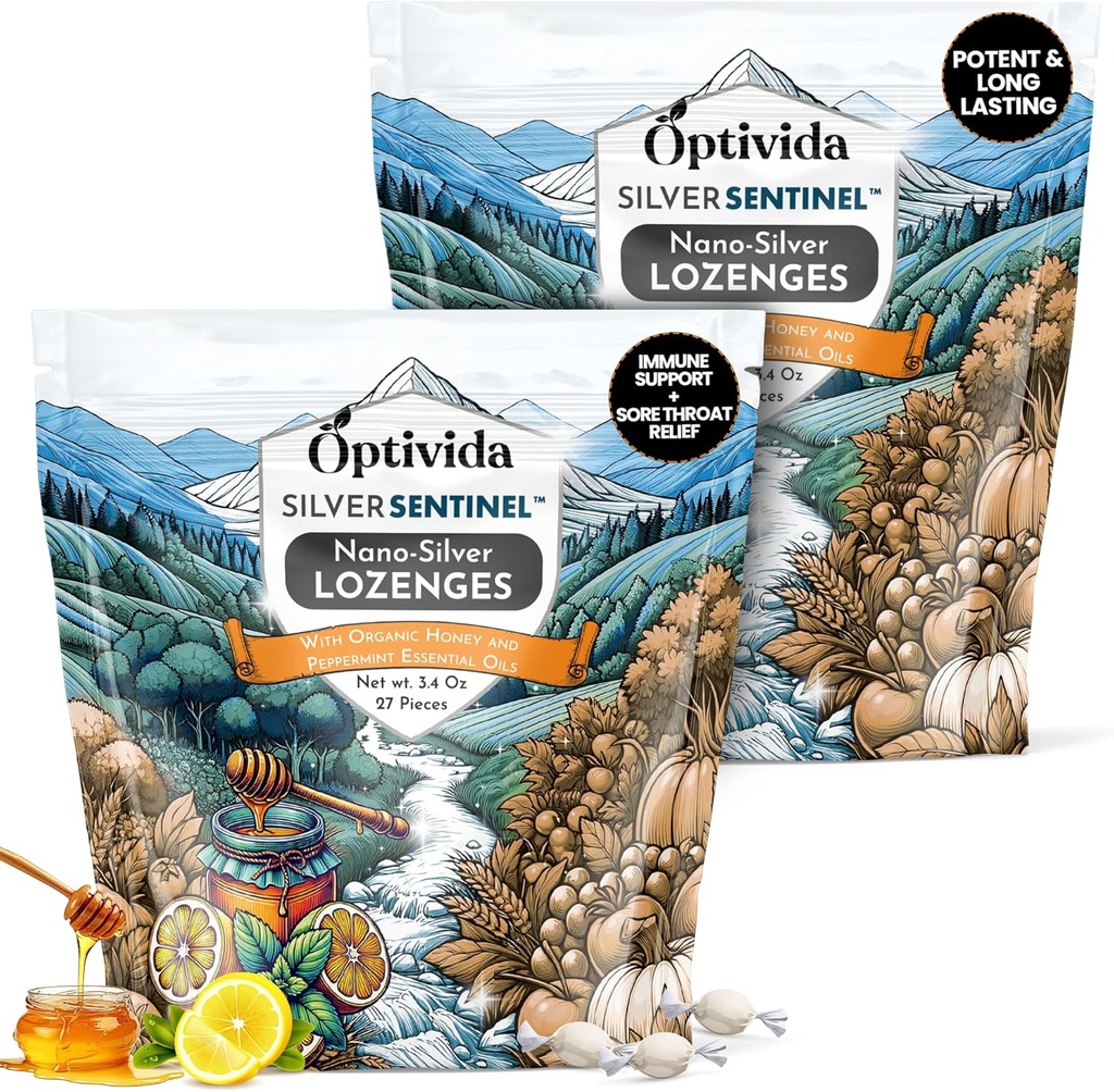 Optivida Health Lozanges d'argent colloïdal au miel et à l'huile de citron (2 pack) - Lozanges de gorge apaisantes pour adultes avec soulagement de la toux et formule Nano Silver à action rapide pour le soutien immunitaire, 60 Ppm