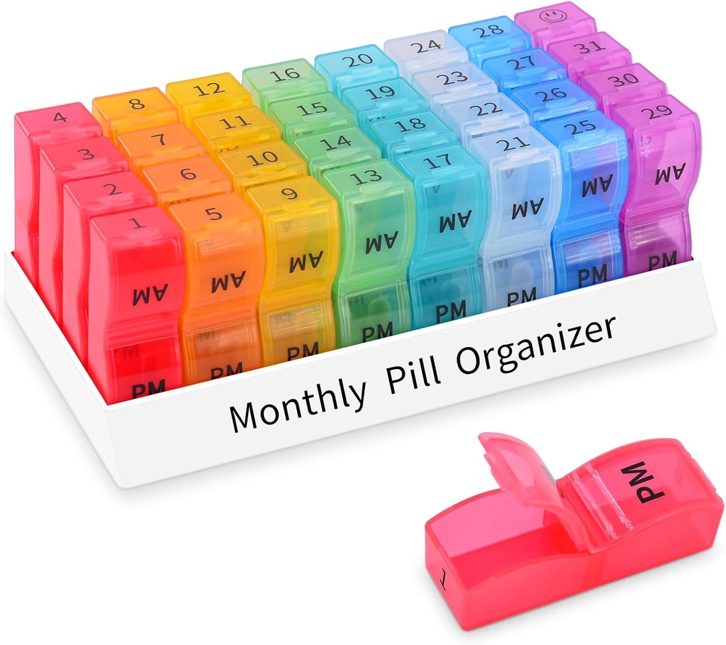 GRENCYCLE Monthly Pill Organizer 2 fois par jour, 30 jours Pill Box AM PM, 4 semaines Pill Cases, un mois Pill Medicine Container Petits compartiments séparés pour tenir les vitamines, huile de poisson, suppléments