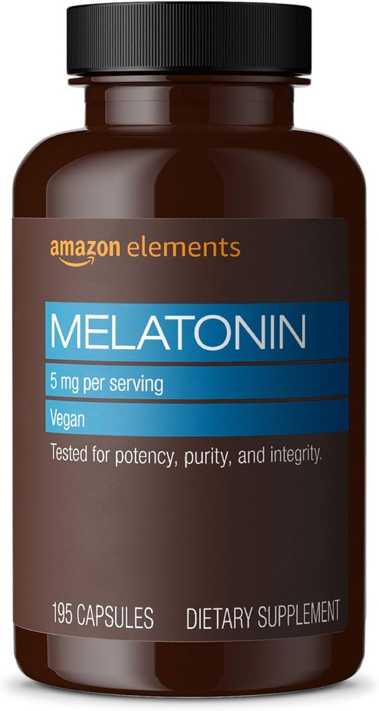 Eléments - Melatonine 5mg Capsules, Aide avec l'insomnie occasionnelle, Vegan, Non aromatisé, 195 Compte (paquet de 1), 6 mois d'approvisionnement (paquet peut varier)