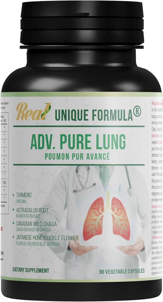 Adv. Pure Lung. Pur Lung Cleanse et Detox. Supplément respiratoire à base de plantes pour le soutien pulmonaire avec le champignon Chaga, Curcumin Turmeric, Fleur de chèvrefeuille, Astragalus, Quercetin, grenade