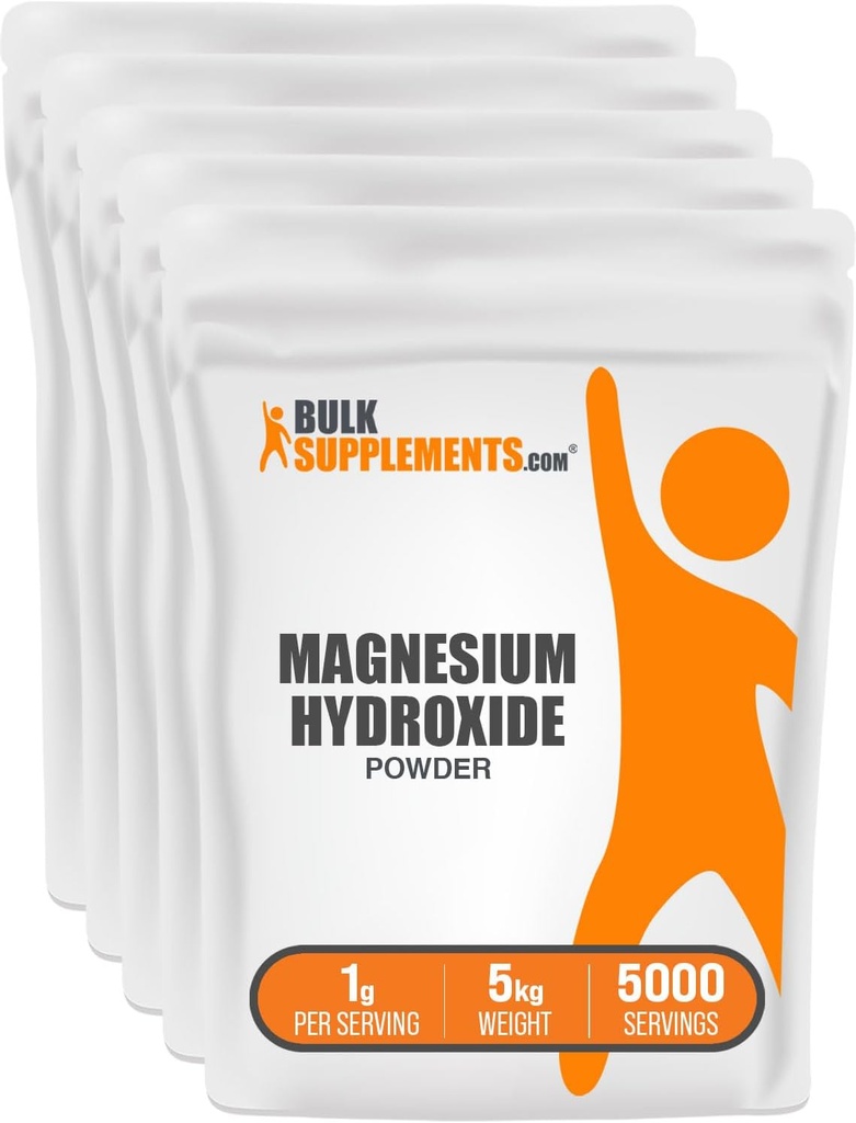 BulkSupplements.com Poudre d'hydroxyde de magnésium - Supplément d'hydroxyde de magnésium - Classe alimentaire et sans gluten, 1g par portion, 1kg (2,2 lb) (paquet de 5)