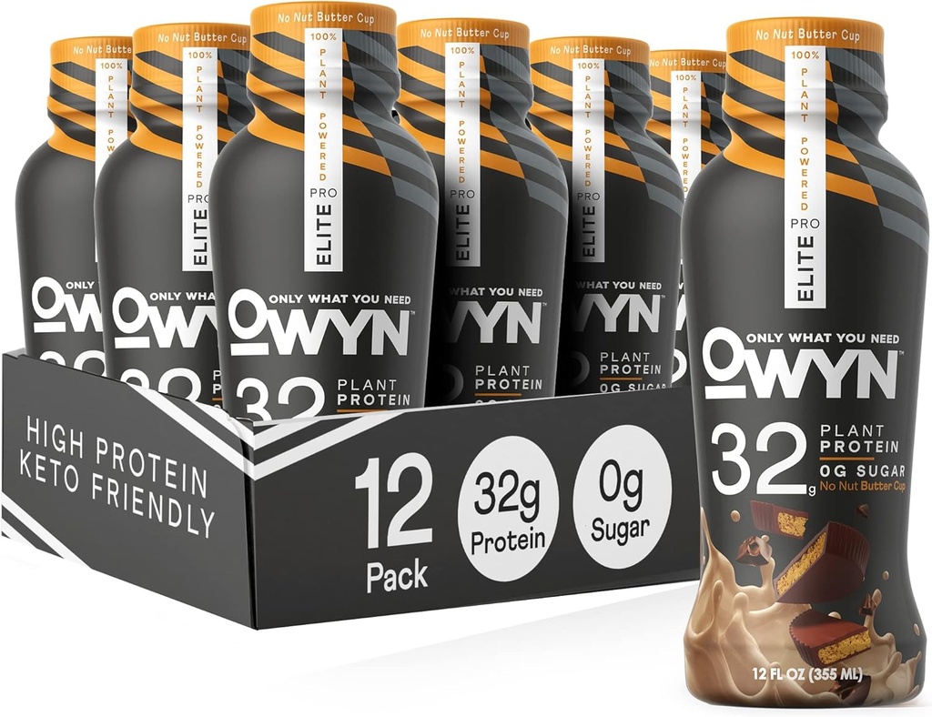 OWYN seulement ce dont vous avez besoin Pro Elite Vegan High Protein Keto Shake, 32g Protein, 12 Fl Oz (paquet de 12) et Pro Elite Vegan High Protein Keto Shake, pas de tasse de beurre de noix, 32g Protein (paquetage mai Vary)