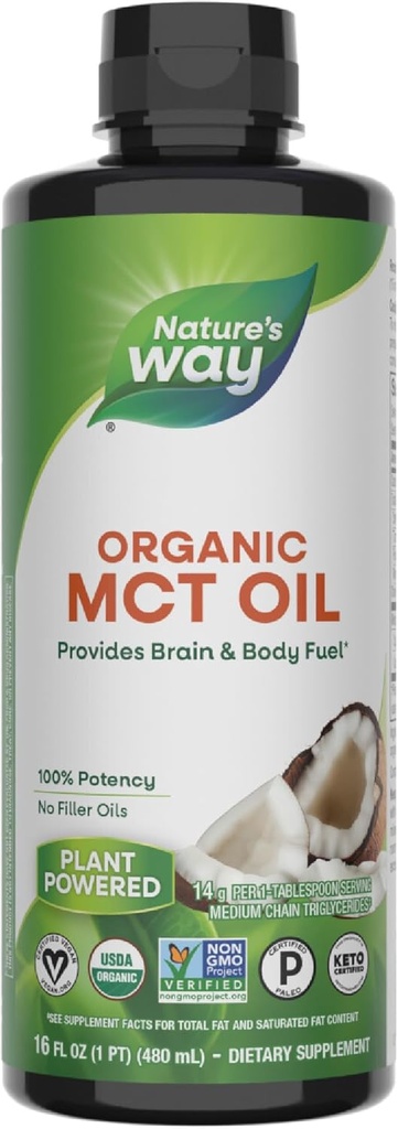 Nature's Way Huile MCT biologique, 16 Fl Oz, Cerveau et combustible corporel à partir de noix de coco*, C8 Acid Caprylique et C10 Acid Capric, Keto et Paleo Certifié, biologique, non-OGM Projet vérifié
