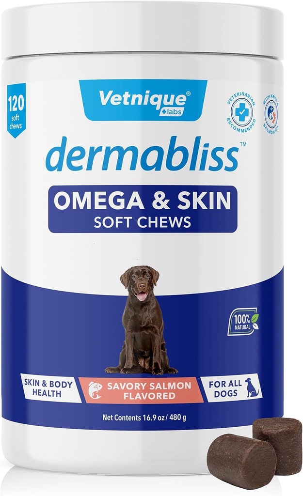 Vetnique Dermabliss Omega & Skin Huile de poisson pour chiens Mâches douces Peau et manteau santé pour chiens avec biotine et DHA - Hickory Salmon Dog Treats (120 Mâches de comte)