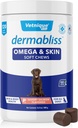 Vetnique Dermabliss Omega & Skin Huile de poisson pour chiens Mâches douces Peau et manteau santé pour chiens avec biotine et DHA - Hickory Salmon Dog Treats (120 Mâches de comte)