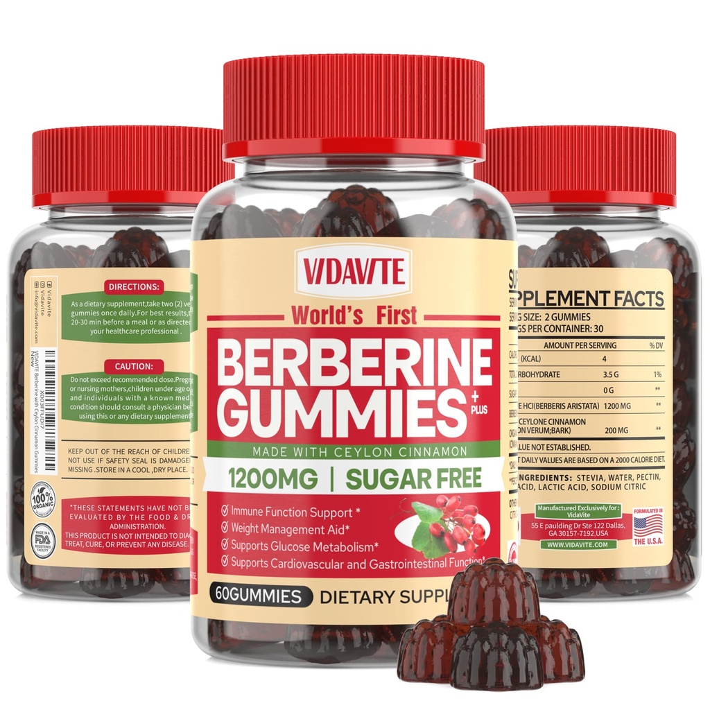 Berbérine avec Gummées de cannelle Ceylan — sans sucre, 98% Pure & 10x Absorption — 1200mg HCL Supplément berbère biologique pour la gestion du poids, l'immunité, la santé métabolique et digestive(30 jours)