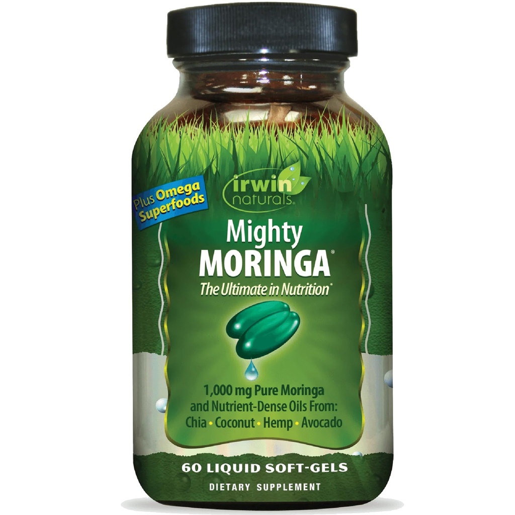 Irwin Naturals Mighty Moringa 1000 mg - 60 Softgels liquides - avec Chia, Coconut, chanvre, Avacado et Omega Superfoods - 30 Total des portions
