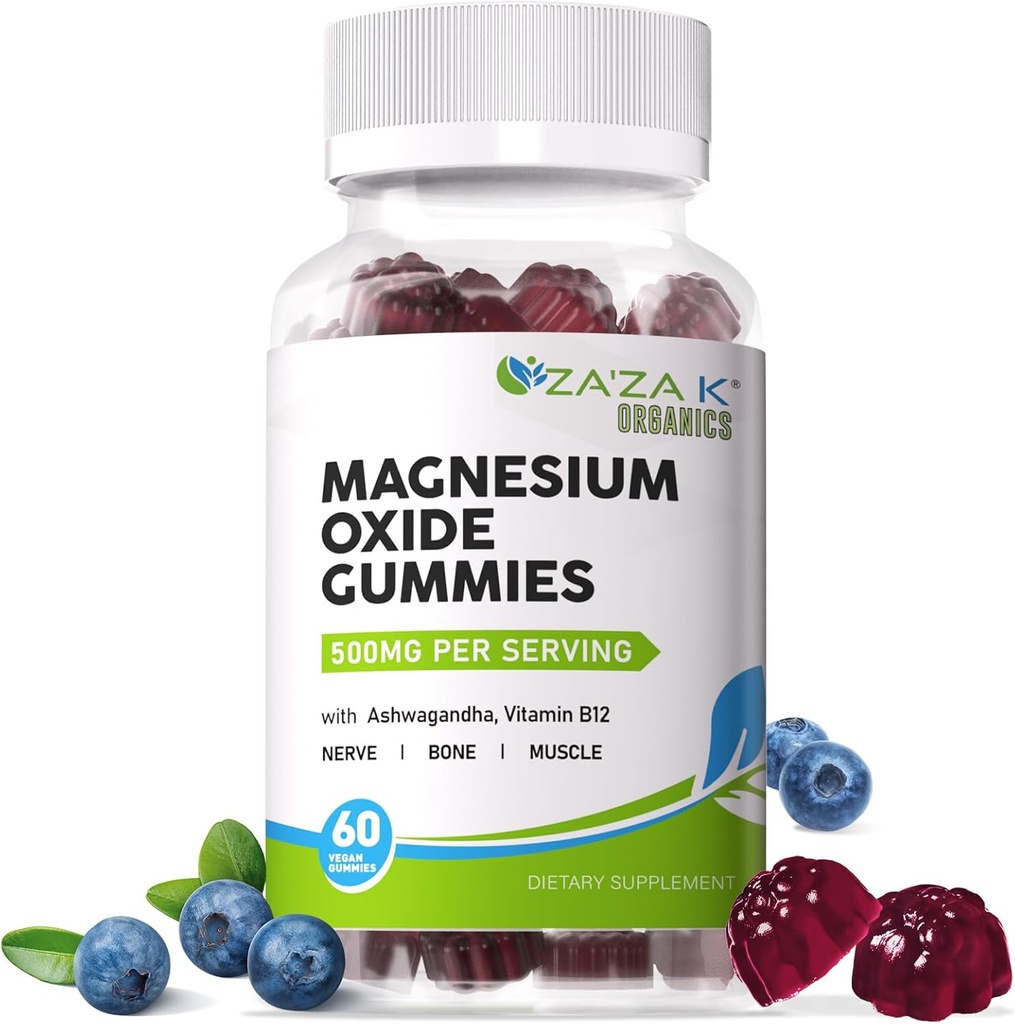 ZA'ZA K ORGANES Gommies d'oxyde de magnésium, oxyde de magnésium 500mg avec Ashwagandha et vitamine B12 pour le sommeil, le nerf, le muscle, les os et la santé du coeur, supplément à croquer Magnésium pour adultes enfants, végétalien, 60