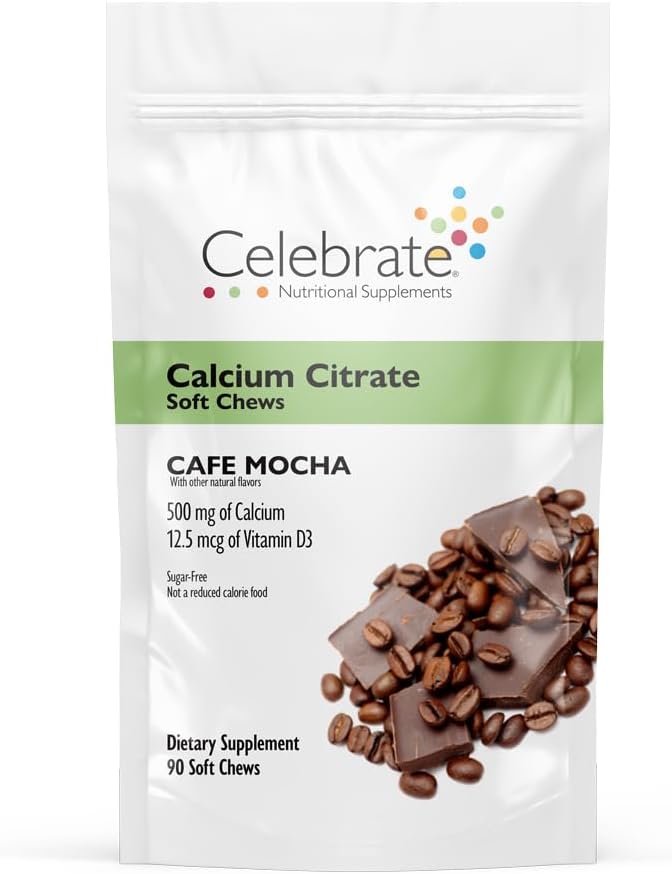 Célébrez les vitamines Citrate de calcium bariatrique avec de la vitamine D3, 500mg, Citrate de calcium sans sucre et sans gluten pour les patients bariatriques, Café Mocha, 90 nombre