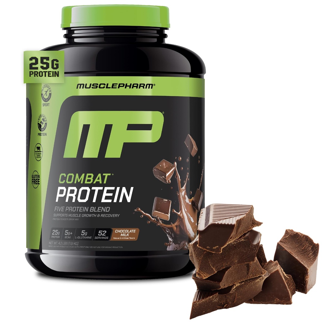 Muscle Pharm Combat Protéines Poudre, Chocolat Lait Aromatisant, Carburants Muscles pour les entraînements productifs, 5 Sources de protéines, y compris les protéines de lactosérum et l'albumine d'oeuf, sans gluten, 4 lb, 52 portions
