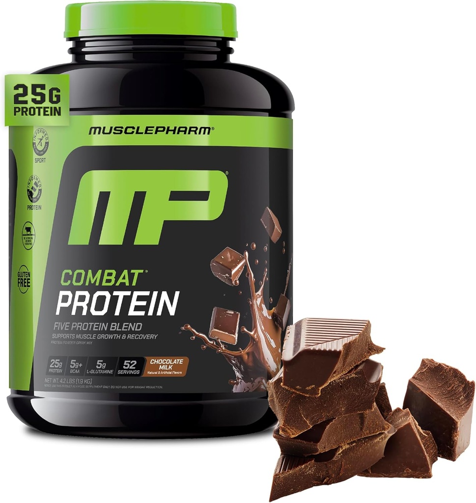 Muscle Pharm Combat Protéines Poudre, Chocolat Lait Aromatisant, Carburants Muscles pour les entraînements productifs, 5 Sources de protéines, y compris les protéines de lactosérum et l'albumine d'oeuf, sans gluten, 4 lb, 52 portions