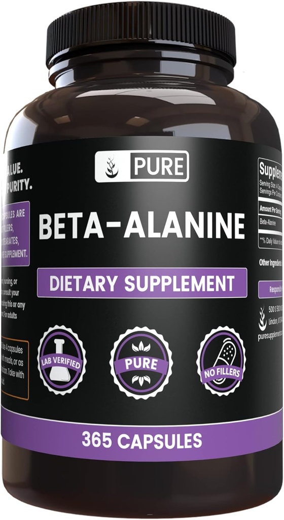 Ingrédients originaux purs Beta Alanine, (365 Capsules) Toujours Pure, Pas d'additifs ou de remplissages, Verifié en laboratoire