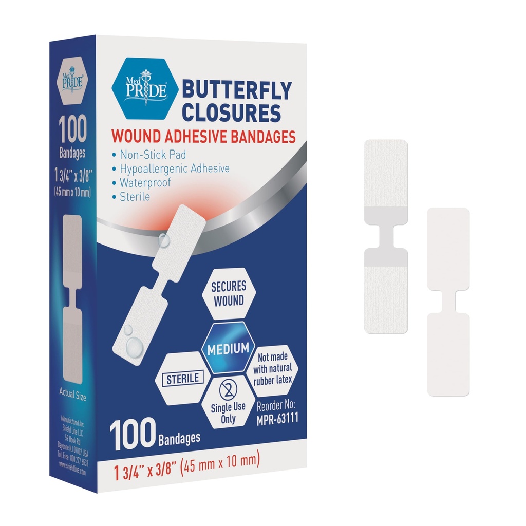 MED PRIDE Butterfly Wound Close Strips Pack de 100 bandes antiadhésives stériles sans latex hypoallergéniques pour les coupures et blessures (Moyen)