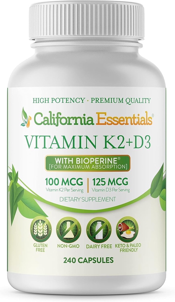 California Essentials Vitamine K2 + VIT D3 5000 UI avec BioPerine pour Absorption Maximale - Supplément de Support Coeur, Os, Immune - Non-OGM, Laiterie/Soy/Sans gluten - 240 Capsules de Véggie