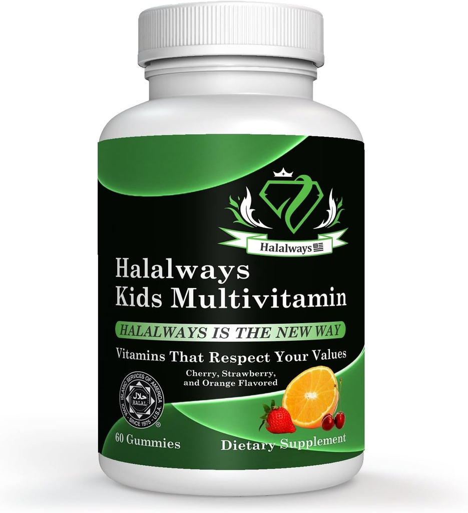Halalways Kids Daily Gummy Halal Certified Multivitamin for Kids, Vitamine C, D3 et bien plus encore pour le soutien immunitaire Cerise, Fraise, Orange Flavors Certified Halal Supplément