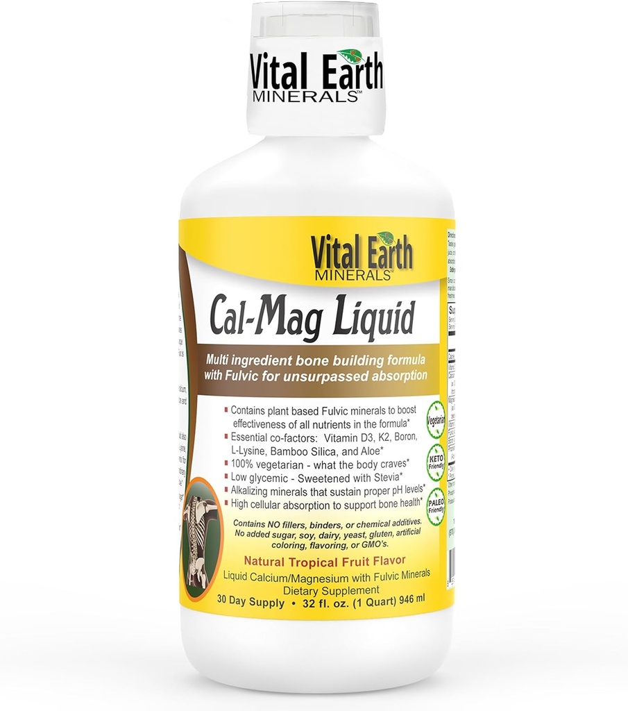 Vital Earth Minerals Cal-Mag Liquid – Calcium Magnesium Supplement with Vitamin D3, K2, Boron, and Fulvic Acid for Faster Absorption, 32 Oz + 1 Oz Cup