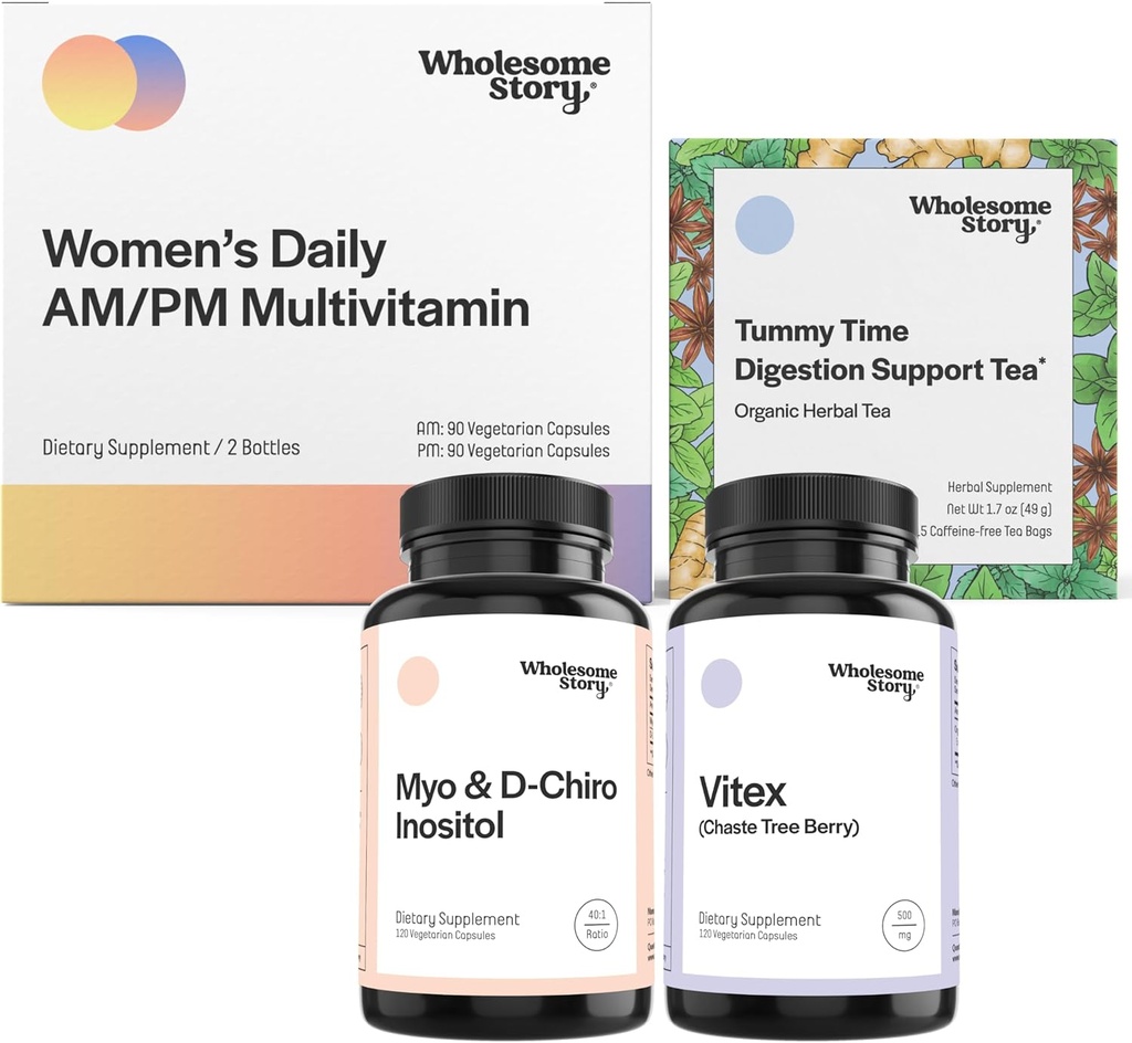 PMS Support Bundle (Myo-Inositol & D-Chiro Inositol Blend Capsule) 30 jours d'approvisionnement (vitex) Supplément de chasteberry pour les femmes 120 jours d'approvisionnement (multivitamine premium pour les femmes)