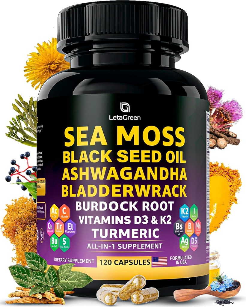 Capsules de mousse de mer – Mélange 17-en-1 avec l'huile de graines noires Ashwagandha Bladderwrack Root Turmeric Vitamine D3 K2 C pour le mieux-être quotidien – Supplément multiminéral pour les hommes et les femmes – 120 Compte