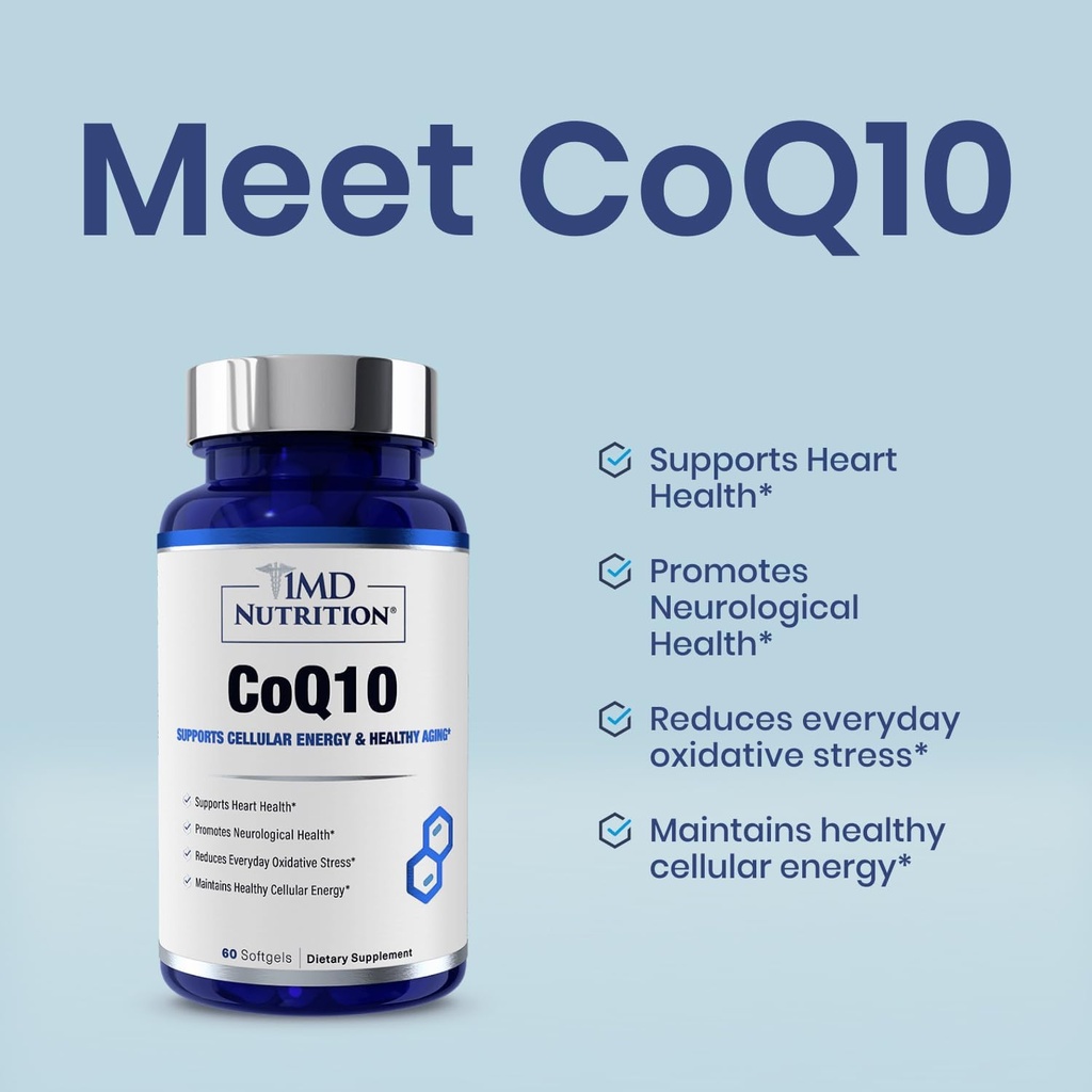 1MD Nutrition CoQ10 - for Heart Health & Cellular Energy Production - Health Supplement for Men & Women - Coenzyme Q10 Softgel - 60 Days (2-Pack)