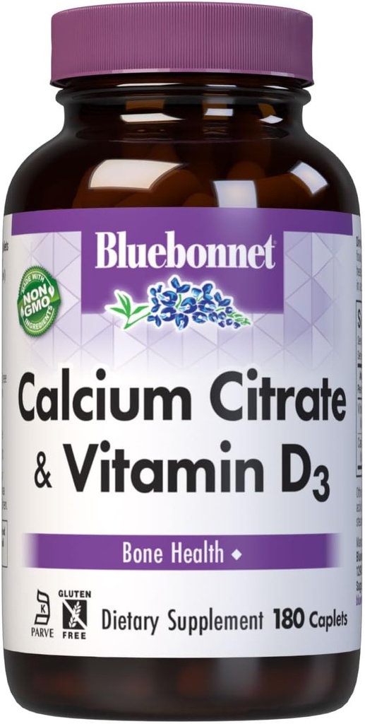 Citrate de calcium de Bluebonnet avec vitamine D3 - Soutien immunitaire quotidien Bone Health & Strength Plus* 1000mg Supplément de calcium pour les femmes et les hommes - Non-OGM, sans gluten - 180 capsules