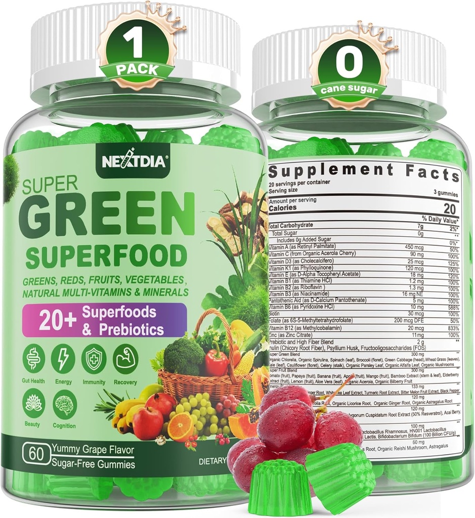 Super Greens Gummies, Greens Superfood Powder Alternative w/Spirulina, Chlorella, Fibre prébiotique, Probiotique, Fruit Veggie, Légumes verts quotidiens pour la santé digestive et Gut, Immunité, Focus, 60 Cts