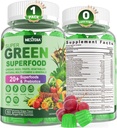 Super Greens Gummies, Greens Superfood Powder Alternative w/Spirulina, Chlorella, Fibre prébiotique, Probiotique, Fruit Veggie, Légumes verts quotidiens pour la santé digestive et Gut, Immunité, Focus, 60 Cts