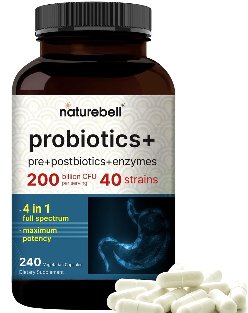 Probiotique 200 milliards CFU – 40 souches par portion de 240 capsules de légumes avec prébiotiques et probiotiques pour la santé digestive – Gut Health & Bloating Support
