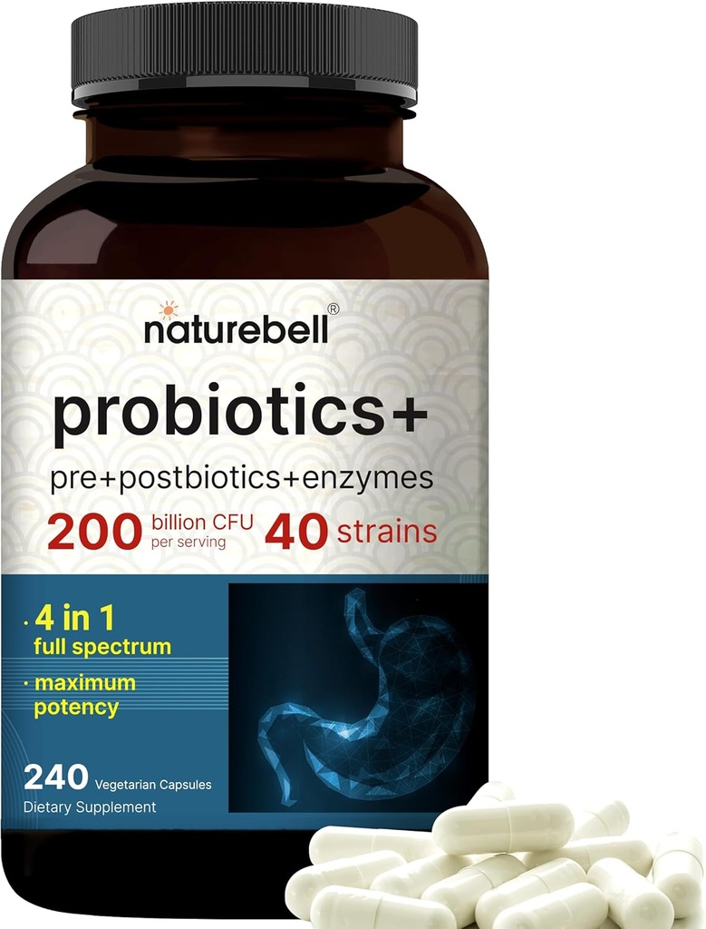 Probiotique 200 milliards CFU – 40 souches par portion de 240 capsules de légumes avec prébiotiques et probiotiques pour la santé digestive – Gut Health & Bloating Support