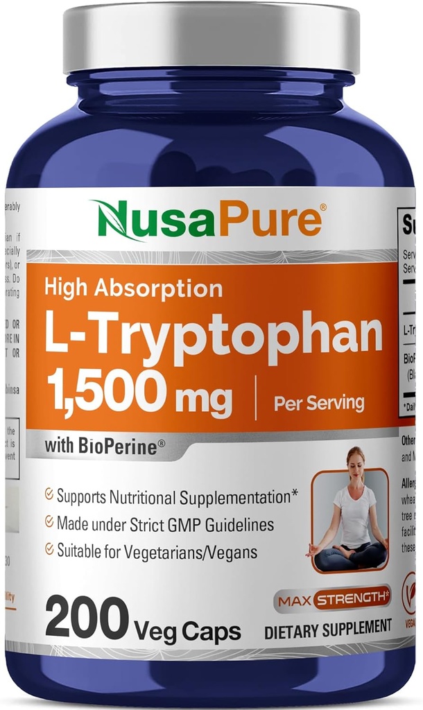 NusaPure L-Tryptophane 1500mg 200 Caps végétariens (non OGM, végétalien) Biopérine