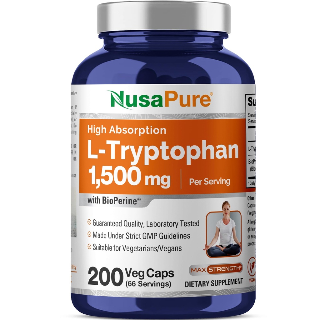 NusaPure L-Tryptophane 1500mg 200 Caps végétariens (non OGM, végétalien) Biopérine