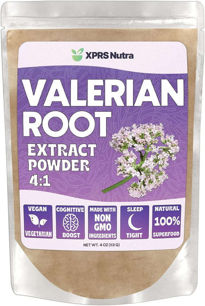 XPRS Nutra Valerian Root Extract Powder 4:1 - Premium Valerian Root Powder for Cognition - Vegan Friendly Herbal Sleep Assist (4 Once)