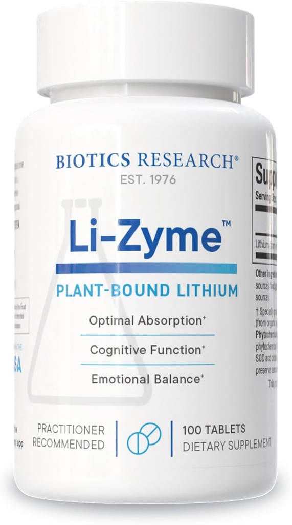 Recherche en biotique Li Zyme 50 microgrammes, Lithium en tant qu'aliment entier, Lithium organique, hautement biodisponible, soutient la fonction cérébrale, la mémoire et l'humeur, 100 comprimés