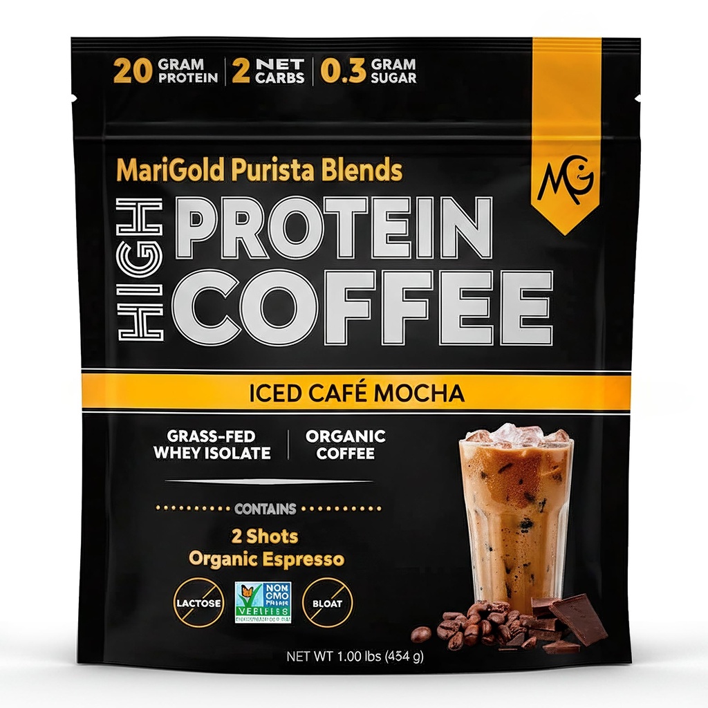MariGold High Protein Coffee - Iced Café Mocha, 20g Grass Fed Whey Protein Isolate, Energy & Workout Boost, 2 Shots Organic Espresso, Non-GMO, 2 Net Carb, 1 Lb Bag, 15 Servings