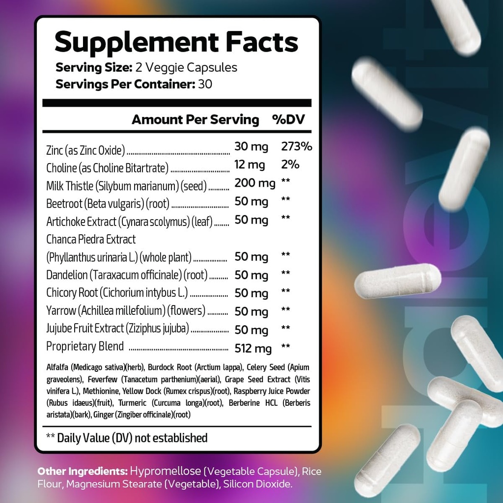 Supplément de foie testé avec Zinc, Choline, Thistle de lait, Beetroot, Extrait d'artichaut, Extrait de Chanca, Dandelion