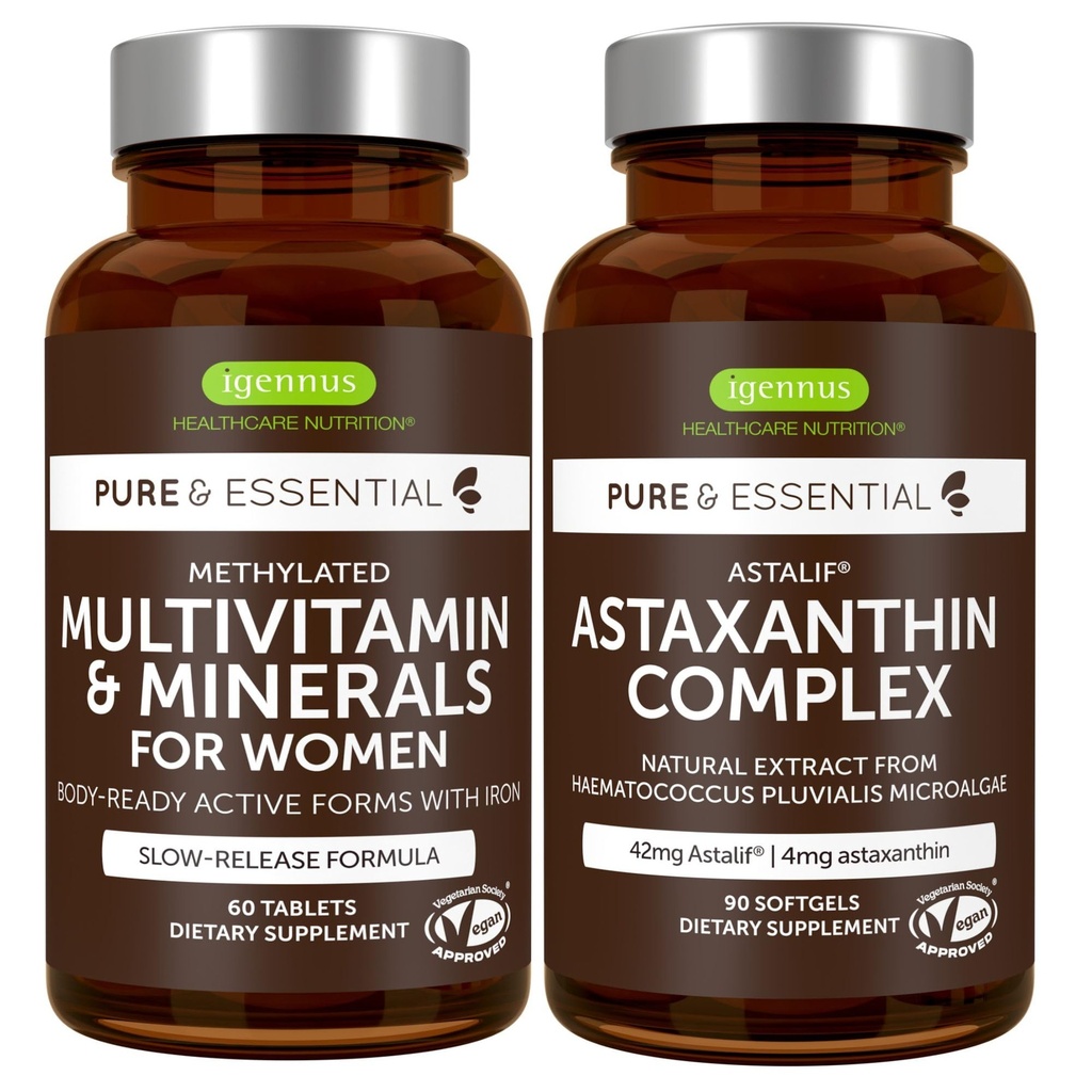 Multivitamine & Minéraux pour les femmes + complexe d'astaxanthine Mélange végétalien, libération prolongée Multivitamine avancée avec fer + naturel 4 mg H. Pluvialis Astaxanthine, par Igennus