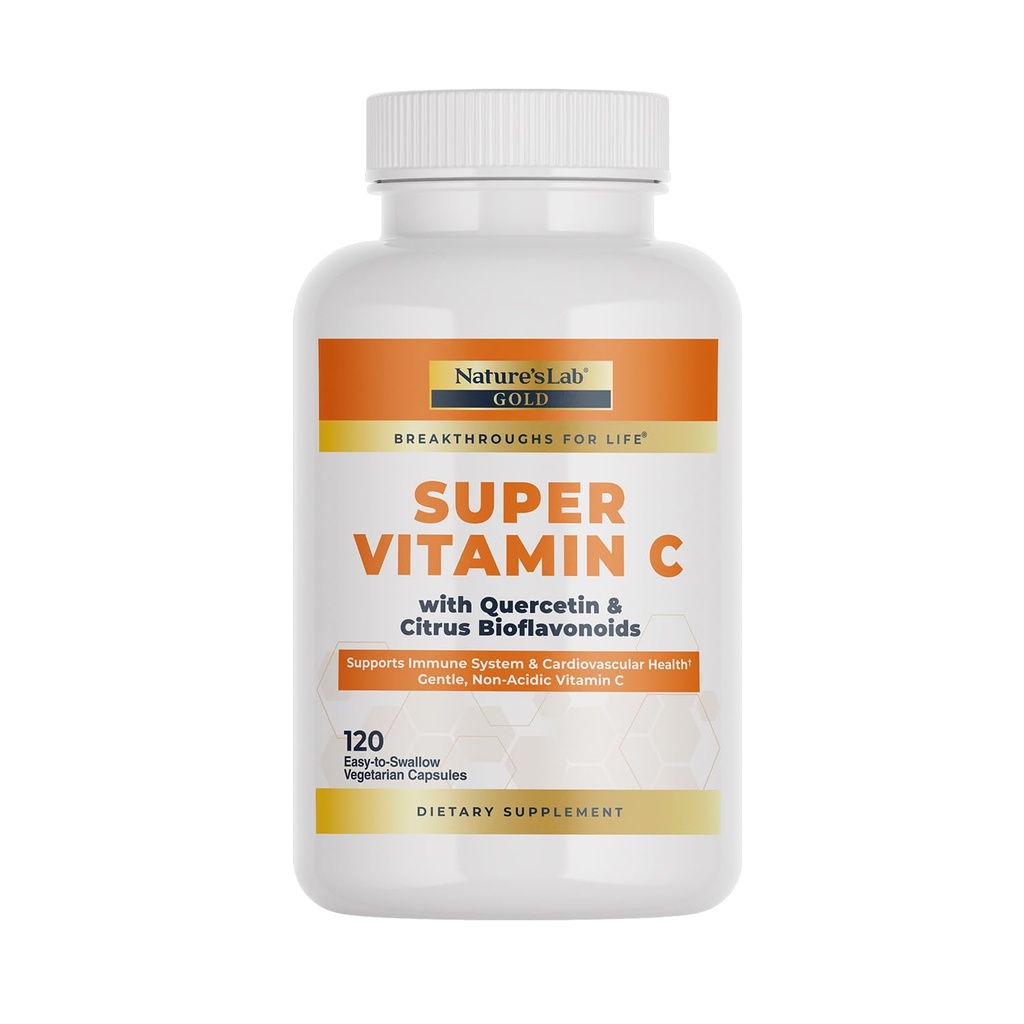 NatureS Lab Gold Super Vitamine C 1000mg – Système immunitaire Support – Contient Complexe Bioflavonoïdes & Quercetine – Non-Acide, Non-OGM, Sans gluten, Vegan – 120 Capsules (2 mois d'approvisionnement)
