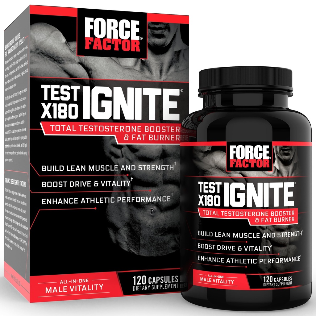 Force Factor Test X180 Ignite Total Testostérone Booster pour les hommes avec des graines de fénugreek et extrait de thé vert pour construire le muscle maigre, stimuler l'énergie, et améliorer la performance, 120 comte