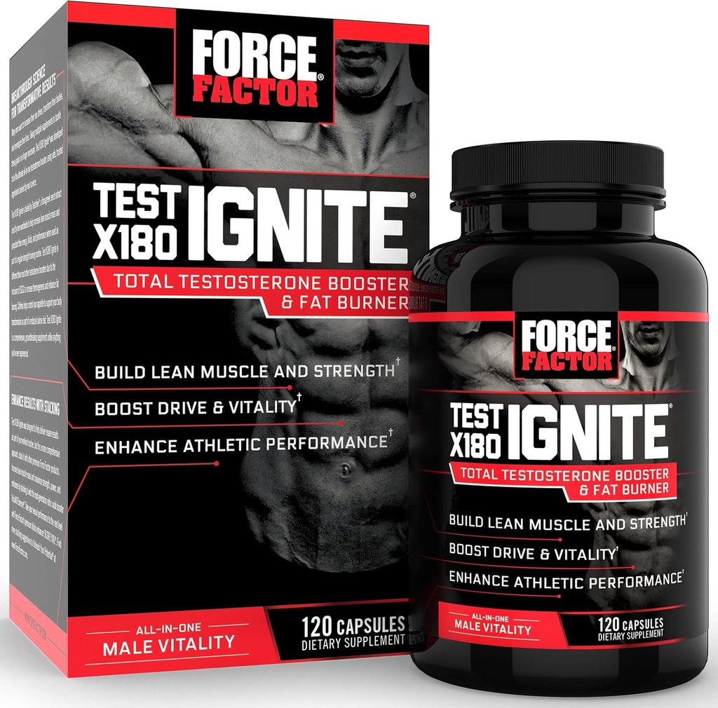 Force Factor Test X180 Ignite Total Testosterone Booster for Men with Fenugreek Seed and Green Tea Extract to Build Lean Muscle, Boost Energy, and Improve Performance, 120 Count