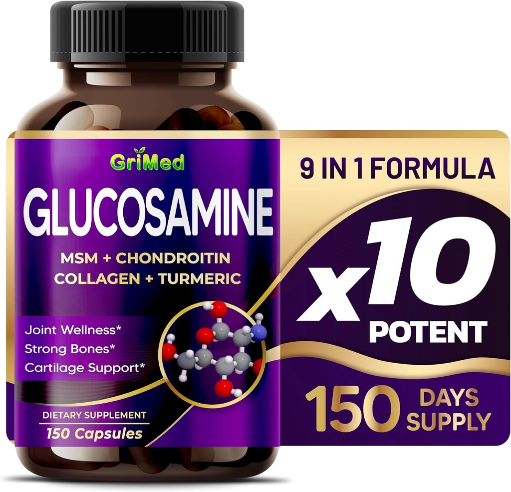 GriMed Glucosamine 12 000mg - X12 Puissance avec MSM, Chondroitin, Collagène, Turmeric pour le bien-être articulaire, Bons Forts, Cartilage Support - USA Fabriqué et testé