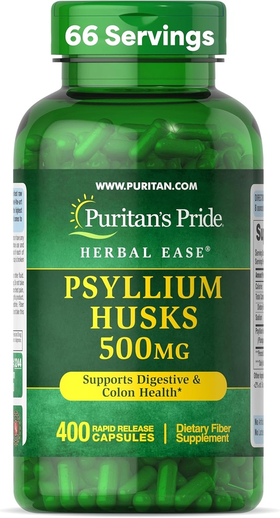 Puritan's Pride Herbal Ease® Psyllium Husks 500mg, Supplément diététique pour le soutien de la santé digestive, des colonies et du coeur, Capsules de fibre quotidienne, 2 mois d'approvisionnement, 400 Capsules à libération rapide