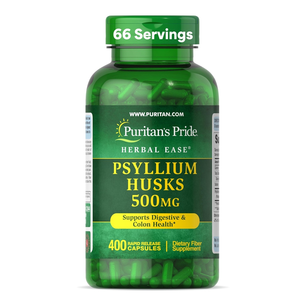 Puritan's Pride Herbal Ease® Psyllium Husks 500mg, Supplément diététique pour le soutien de la santé digestive, des colonies et du coeur, Capsules de fibre quotidienne, 2 mois d'approvisionnement, 400 Capsules à libération rapide
