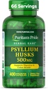 Puritan's Pride Herbal Ease® Psyllium Husks 500mg, Supplément diététique pour le soutien de la santé digestive, des colonies et du coeur, Capsules de fibre quotidienne, 2 mois d'approvisionnement, 400 Capsules à libération rapide