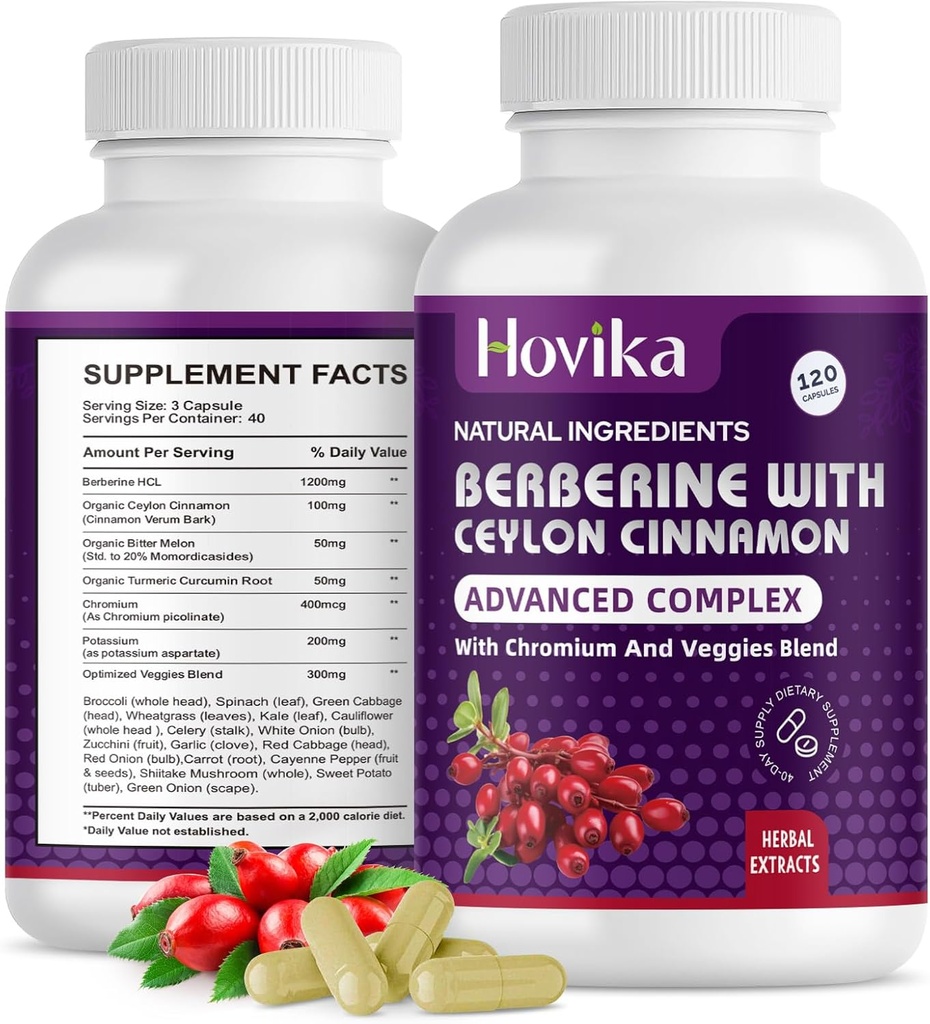 Berberine HCL Capsules 1200 mg - Supplément Berberine avec Ceylan Cinnamon, Chrome, Mélange de légumes - Soutient le métabolisme et le système immunitaire, Gut Health - 120 ct Facile à avaler Pills végétaliens
